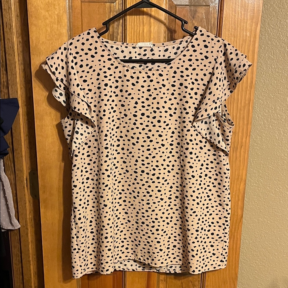 Elegant Beige Polka Dot Blouse with Ruffle Sleeves